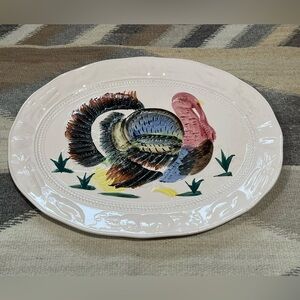 Vintage Large Raised Ceramic Colorful Turkey Platter Thanksgiving